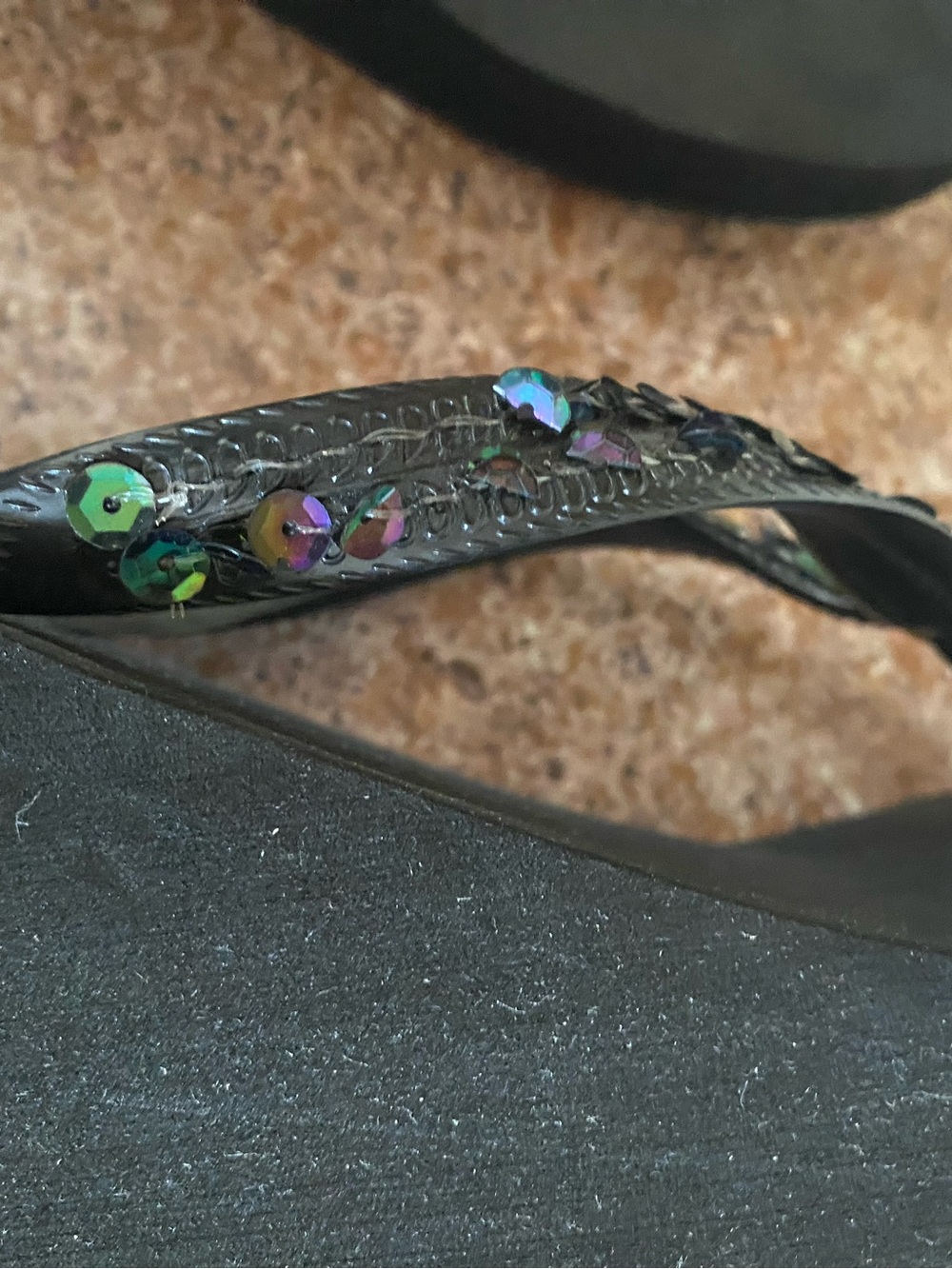 Women's Black Beaded Wedge Thong Sandals with Rhinestone Accent - Picture 8 of 9